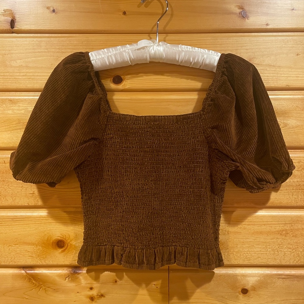 American Eagle Outfitters Brown Corduroy Smocked Puff-Sleeve Top Size Small